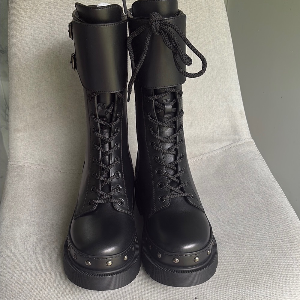 Dior Black Combat Boots with High Top Design and Thick Soles